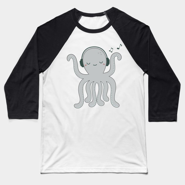 Kawaii Cute Octopus Loves Music Baseball T-Shirt by wordsberry